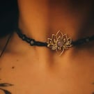 Choker with Rose Quartz and lotus  brass charm