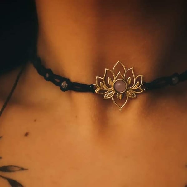 Choker with Rose Quartz and lotus  brass charm