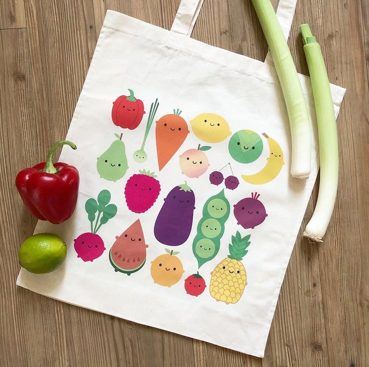 5 A Day Shopper Bag - Kawaii Fruit and Vegetables - Folksy