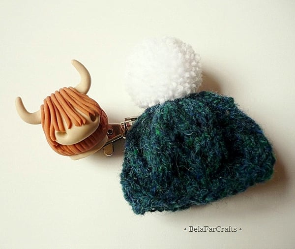 Scottish wool bag charm - Mini pom pom hat - Back to school gift 