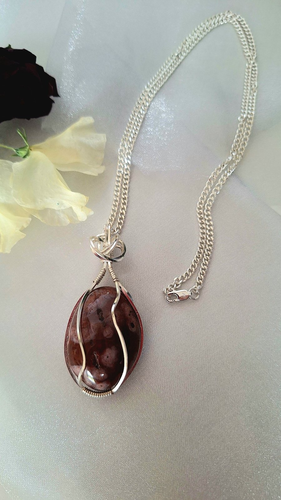 "Cherry Blossom" flower Agate silver wrapped pendant