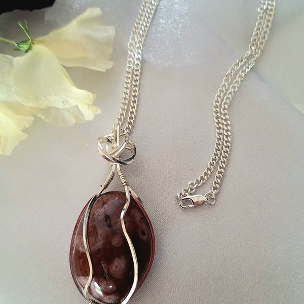 "Cherry Blossom" flower Agate silver wrapped pendant