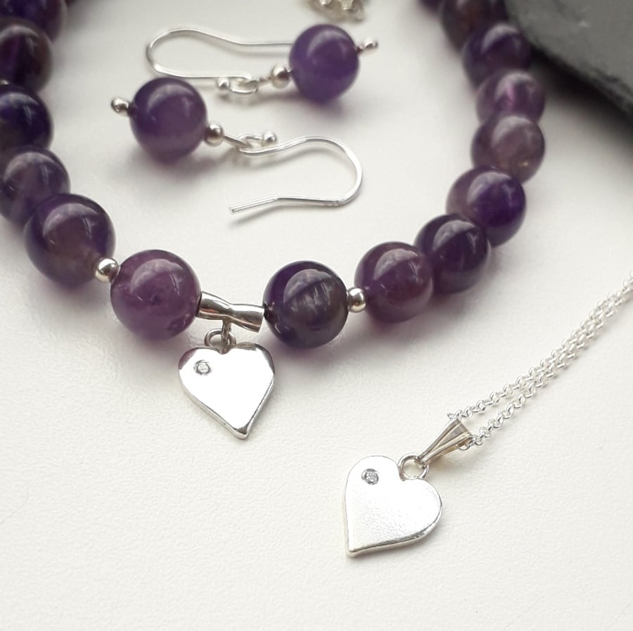 Amethyst Charm Bracelet Heart Necklace Amethyst Earrings Gift Set , Valentine