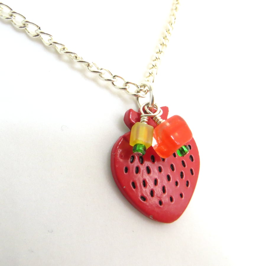 SALE Strawberry Necklace, Red Enamel Fruit Jewellery, Food Jewellery