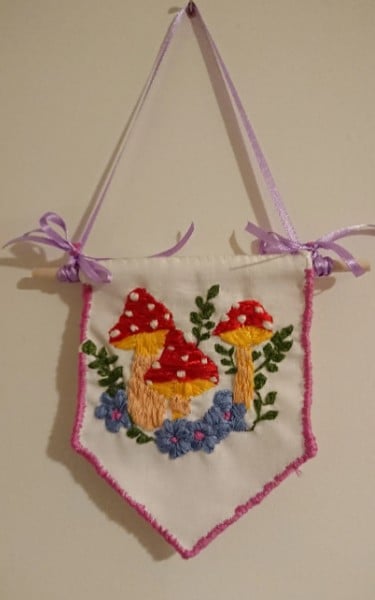 Toadstool Fabric wall hanging, embroidery, Cottagecore 