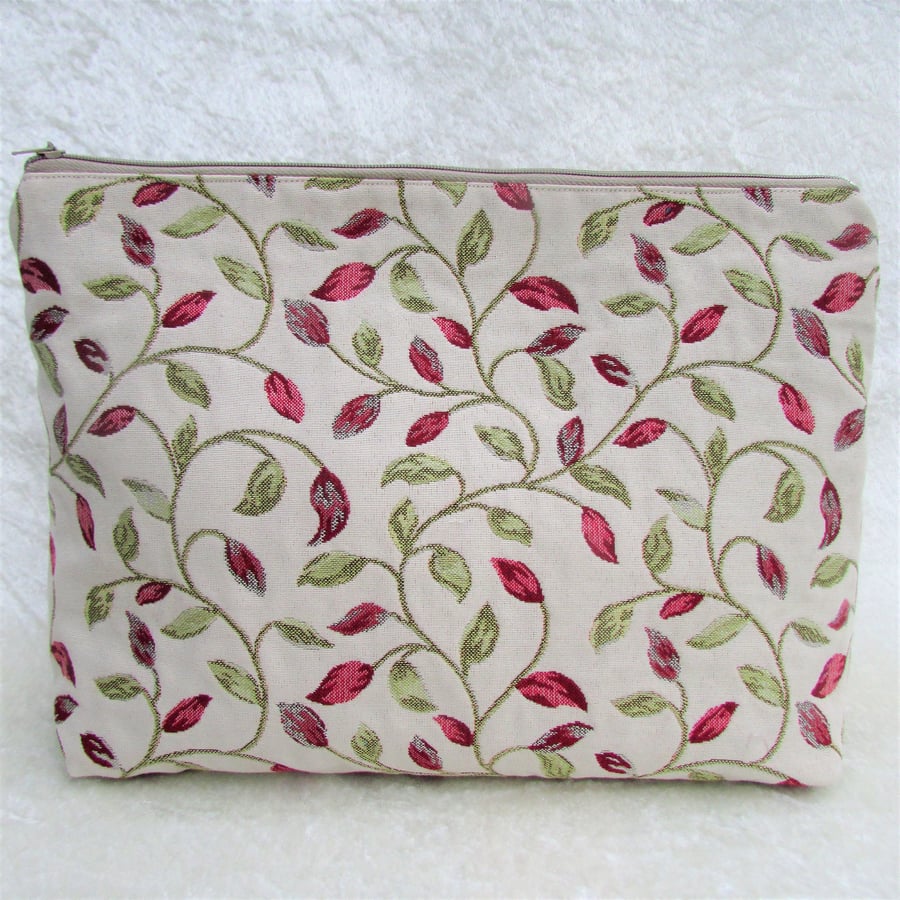 Cream toiletry bag, wash bag with red and green leaf pattern