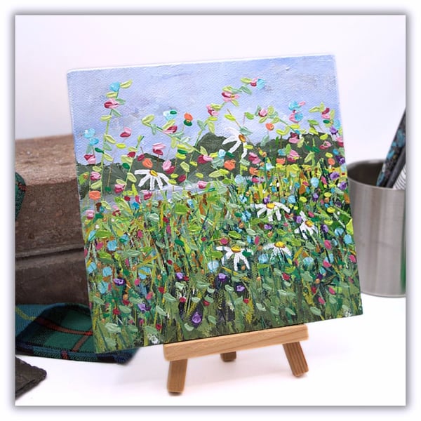 An original landscape painting - wildflower meadow - with easel