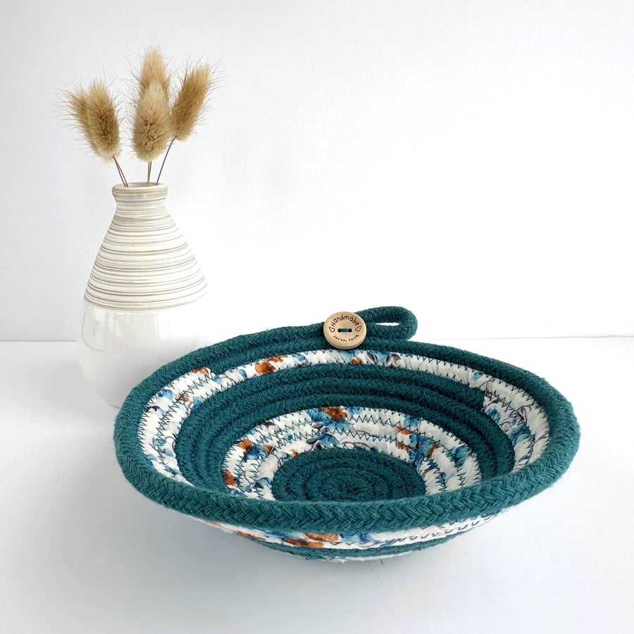 Small Rope Bowl Made From Teal Rope and Patterned Fabric