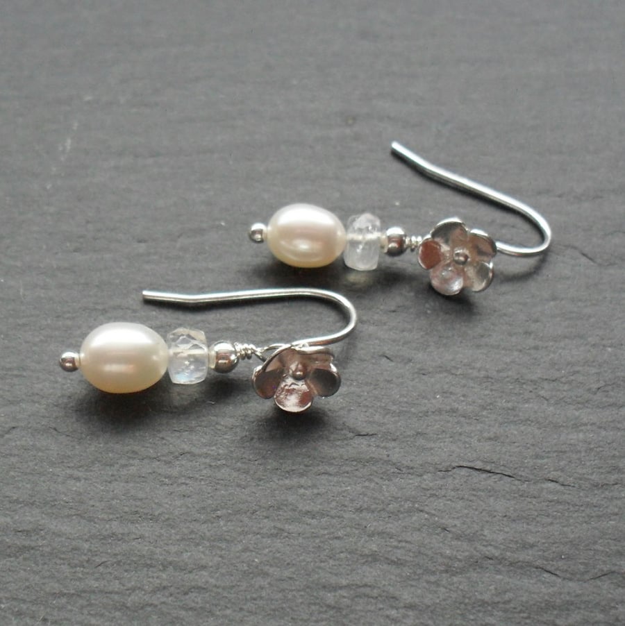 Sterling Silver Flower Earrings With Pearls and Moonstone