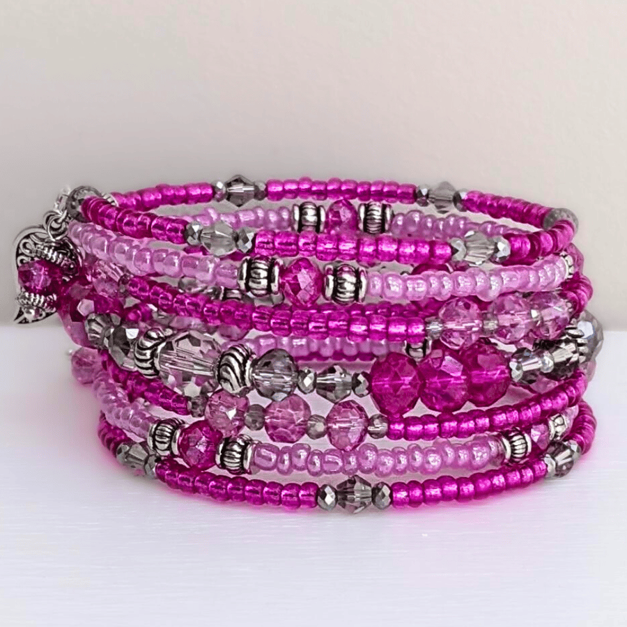 Bright Pink and Silver Memory Wire Bracelet, Seed Bead Wrap Bangle