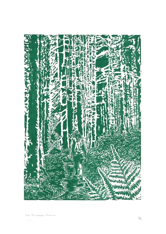 Into the woods linoprint limited edition for nature lovers 