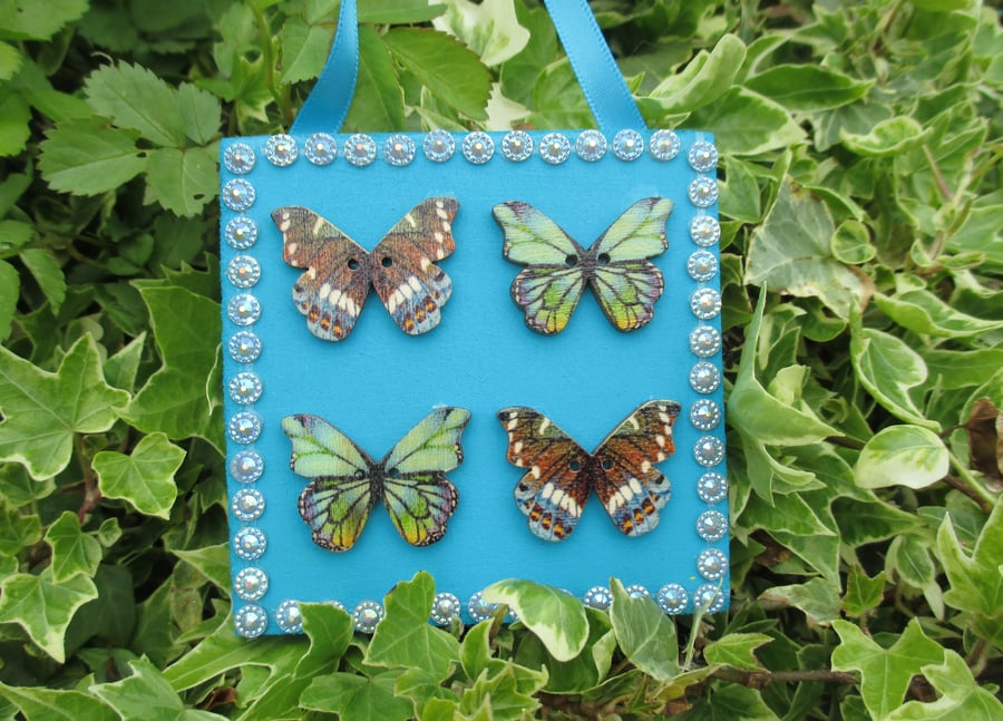 Butterfly Wooden Hanging Decoration Twinkly Sparkly Blue