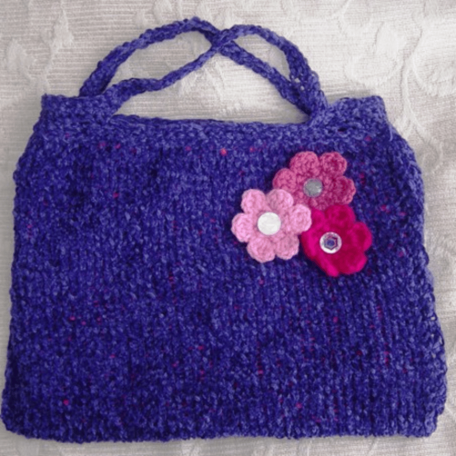 Girl's Sweet Floral Chenille: Purple Hand Knitted Handbag