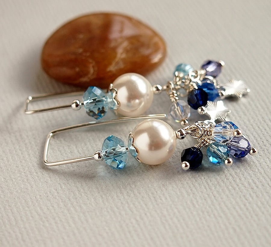Sterling Silver Pearl Earrings - Threader Earrings - Blue - White
