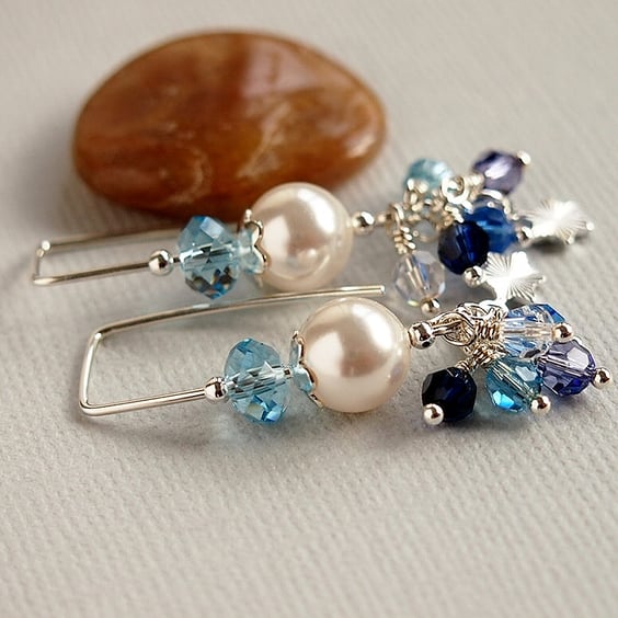 Sterling Silver Pearl Earrings - Threader Earrings - Blue - White