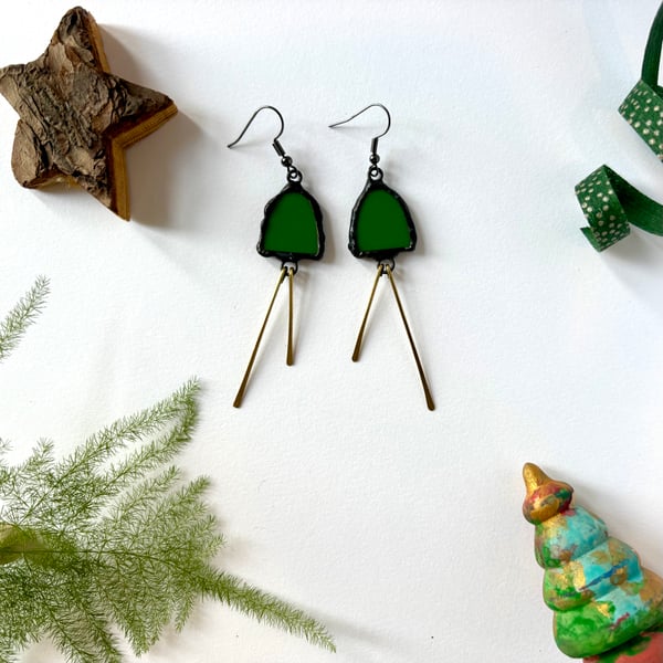 Statement Jewelley -  opaque green stained glass earrings with hammered brass