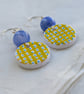 Hand-painted yellow and blue check polymer clay and sterling silver earrings  - Image 6