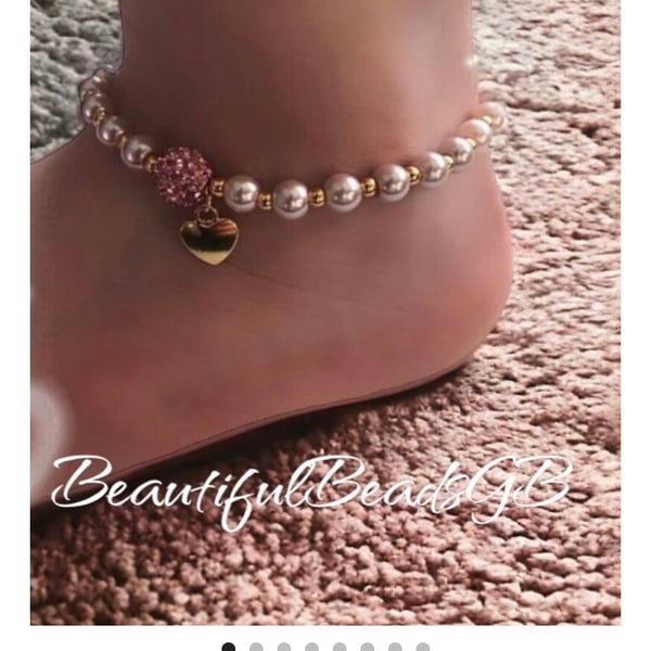 Pink and gold tone shamballa stretch beaded anklet 