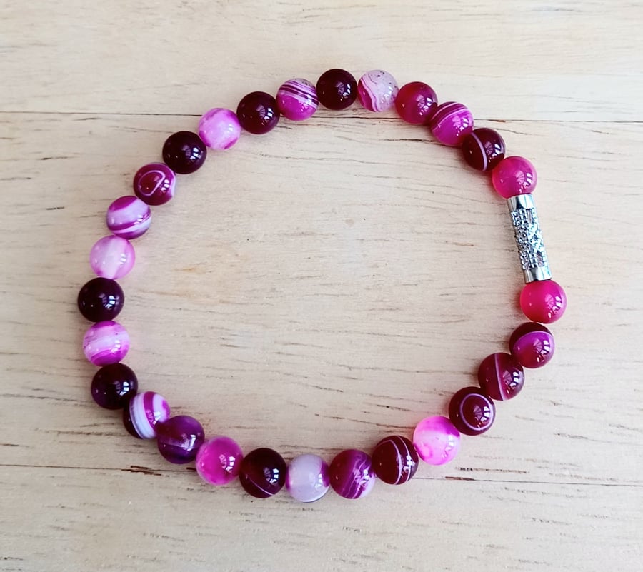 Pink Banded Agate Stretch Bracelet with 6mm Gemstone Beads, Symbol of Stability,