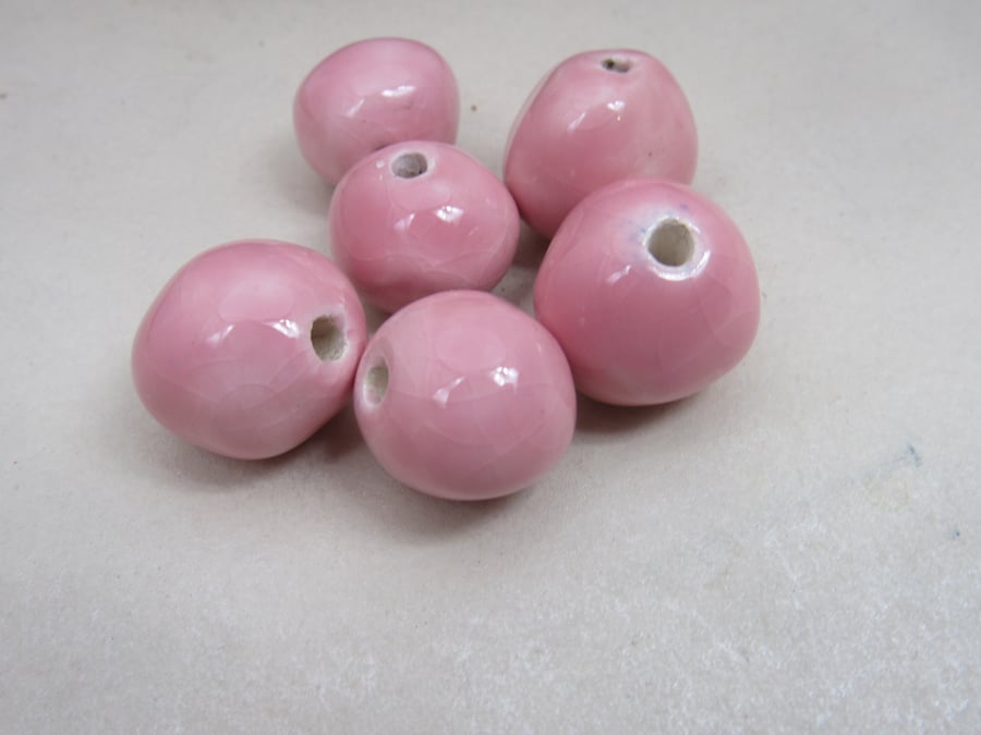 6 Medium Shell Pink Glazed Clay Beads