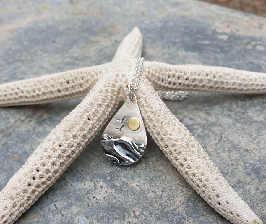 Teardrop silver beach, sea pendant, with sun and seagulls