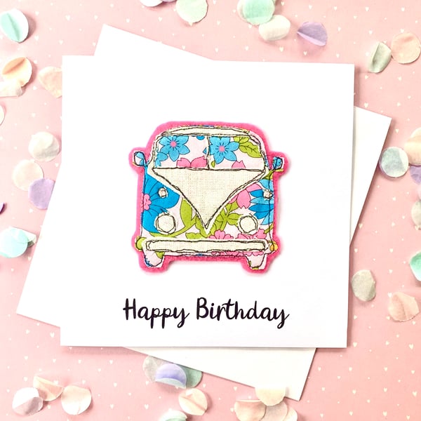 Birthday Card with Campervan  free Motion Embroidery Fabric card