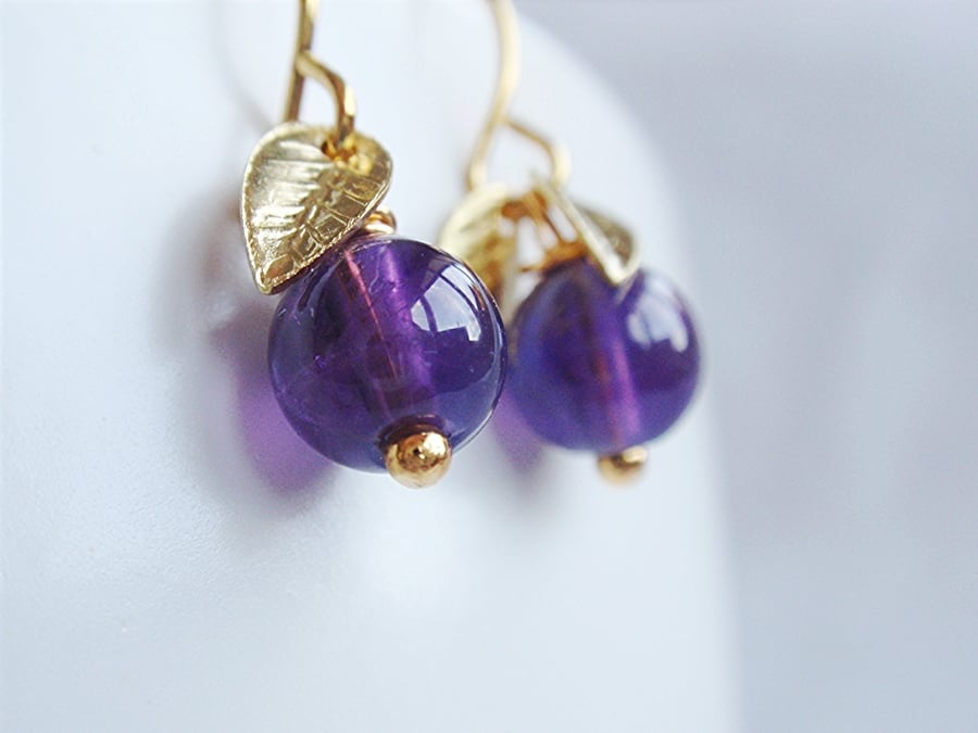 purple amethyst and gold leaf earrings vintage style