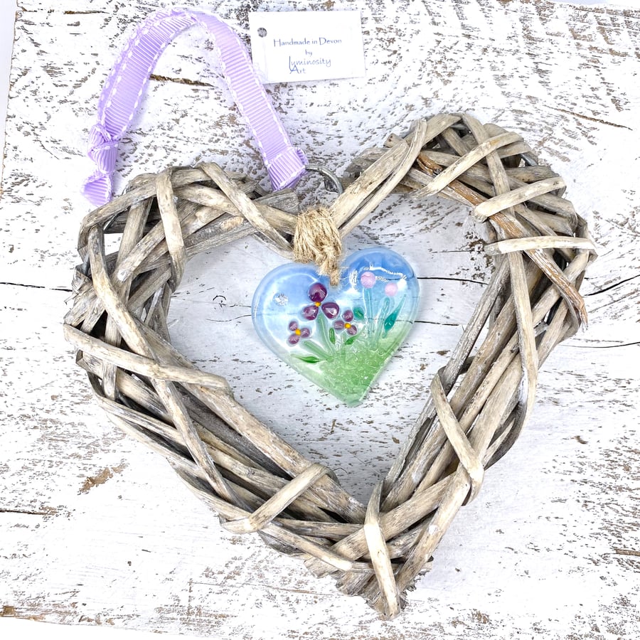 Floral Glass & Wicker Heart with co-ordinating Ribbon
