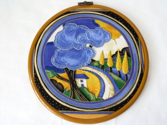 clarice cliffe art deco embroidered hoop art wall hanging, deco dance pattern