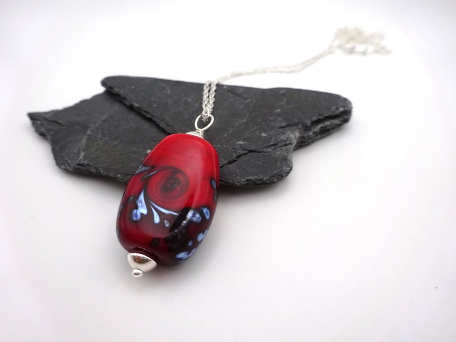 red lampwork glass silver swirl pendant necklace