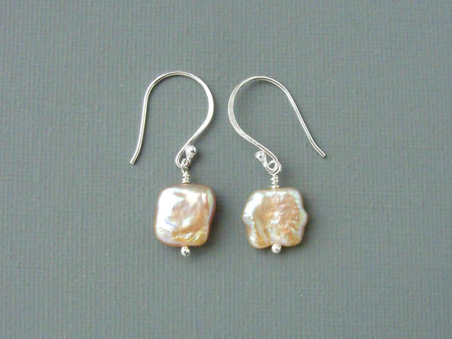 All Square Peach Coloured Freshwater Pearl and Sterling Silver Drop Earrings