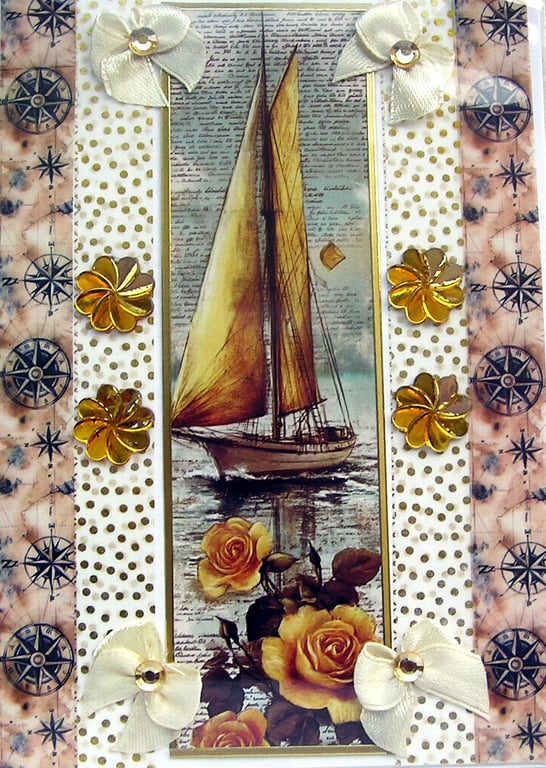 Yellow Sailing Boat - Hand Crafted Decoupage Greeting Card - Blank - 3247
