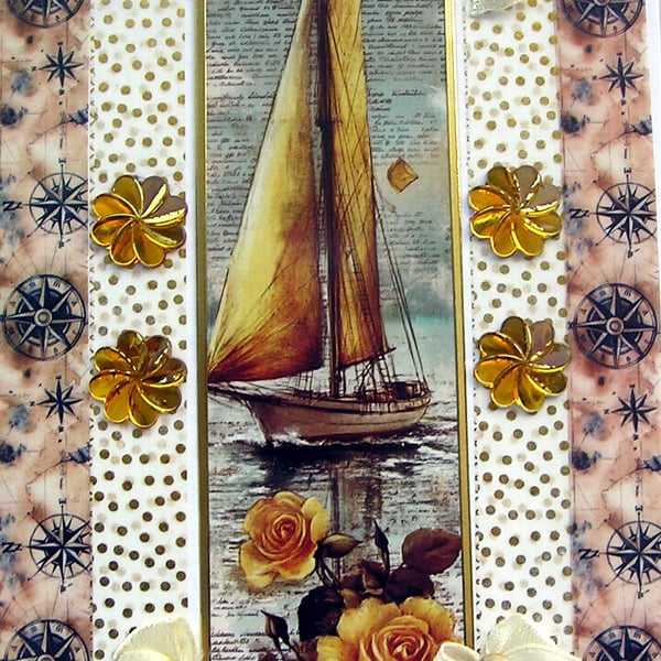 Yellow Sailing Boat - Hand Crafted Decoupage Greeting Card - Blank - 3247