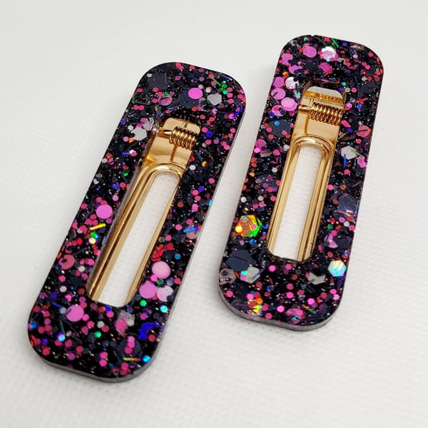 Pink Black and Silver Sparkle Hair Clips