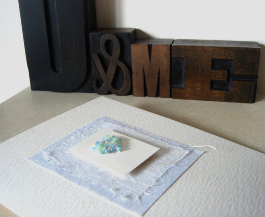 Small Beaded Heart handmade Card - pastel turquoise