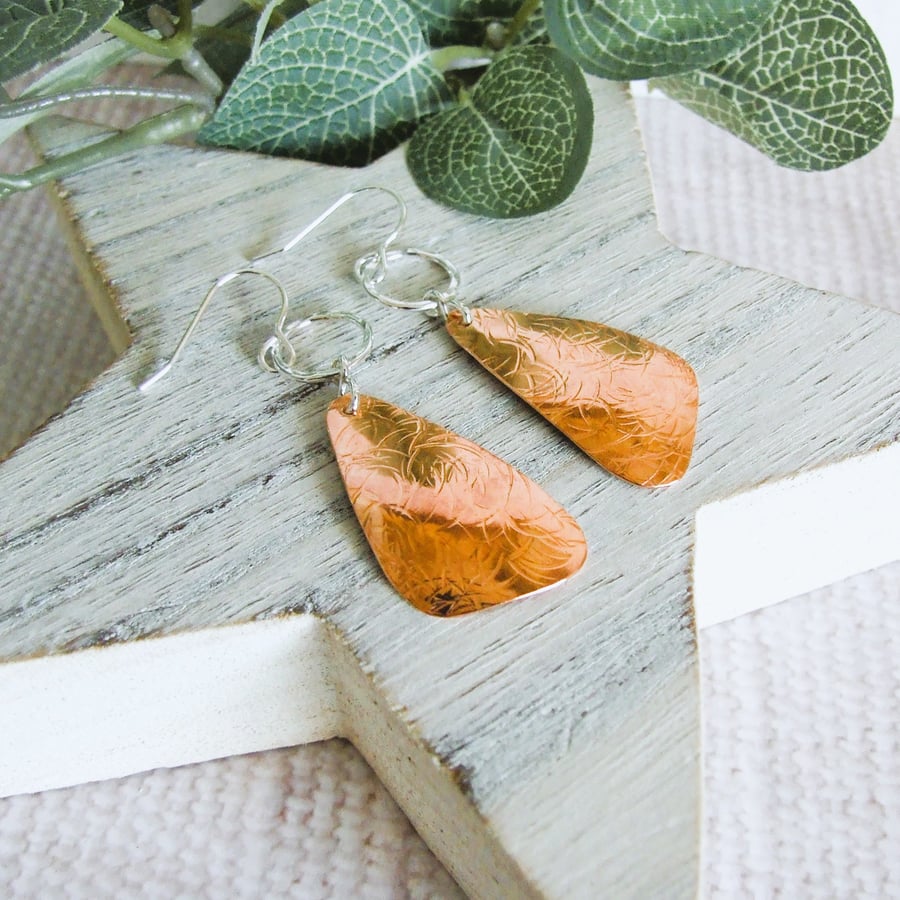 Earrings, Sterling Silver and Copper Long Leaf Dropper Earrings