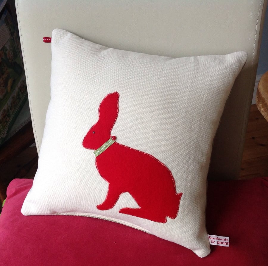 Rabbit Design In Red Handmade Cushion