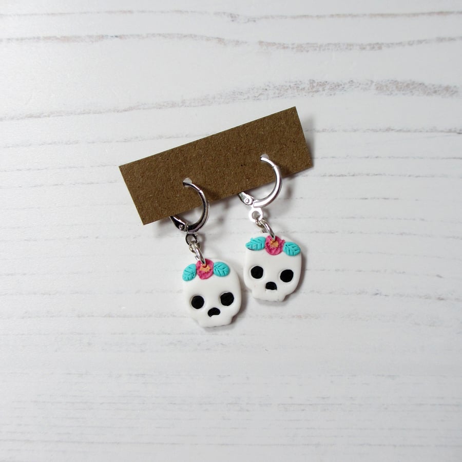 Halloween Skulls and pink flowers huggie hoop drop earrings