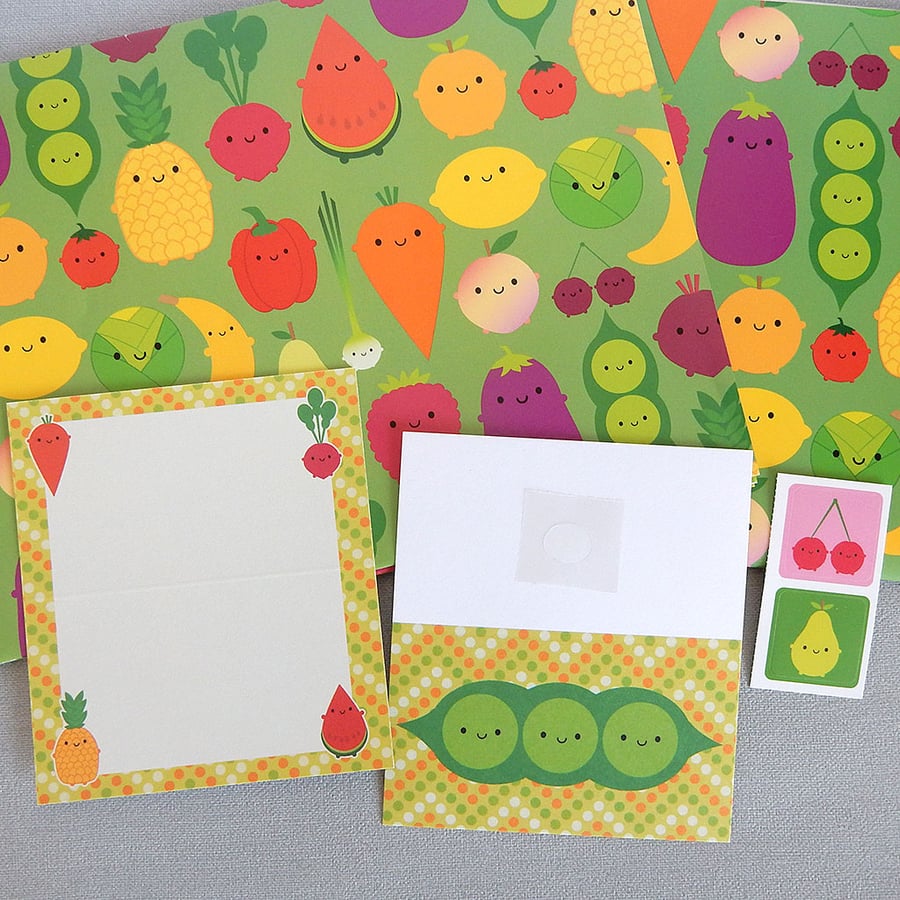 5 A Day Gift Wrap Set with tags and stickers - Kawaii Fruit & Vegetables