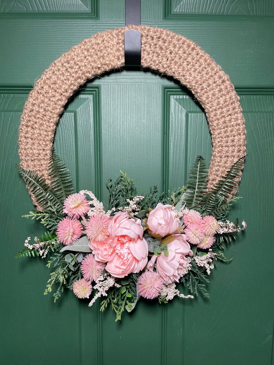 Large 14" Hand-Crocheted Pink Peony & Fern Door Wreath – Spring Home Decor