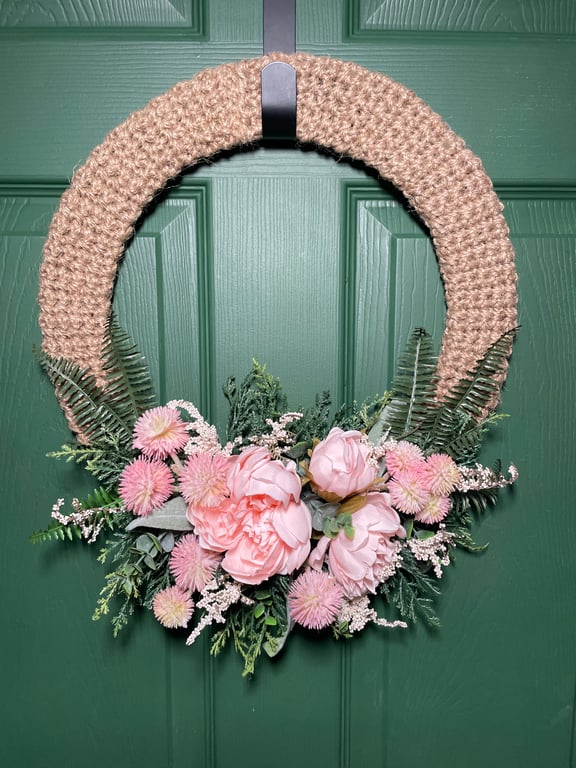 Large 14" Hand-Crocheted Pink Peony & Fern Door Wreath – Spring Home Decor