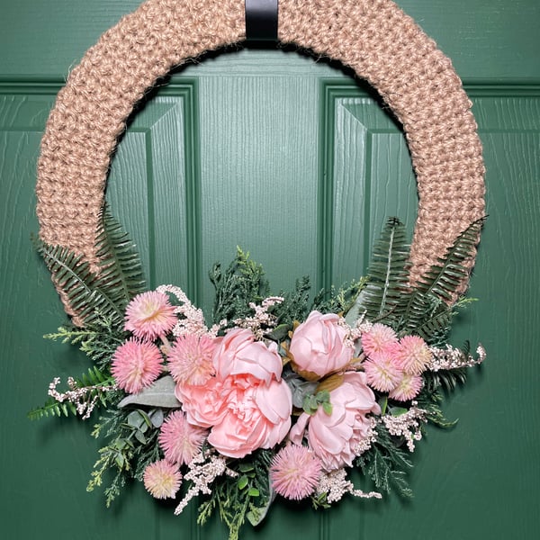 Large 14" Hand-Crocheted Pink Peony & Fern Door Wreath – Spring Home Decor