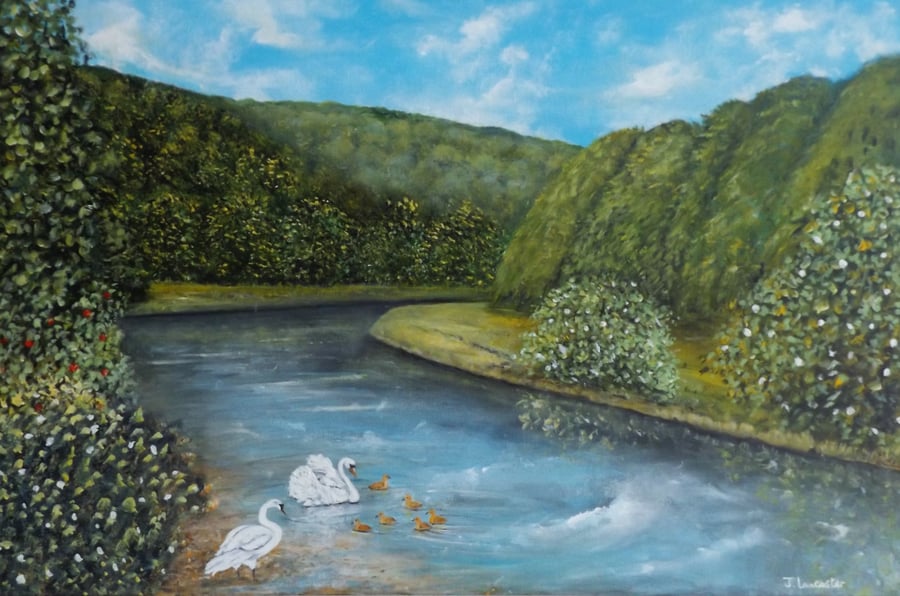 River landscape original painting of swans on the river titled Watchful Eye
