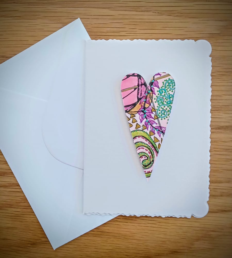 Hand-painted neurographic art HEART blank greetings card with envelope