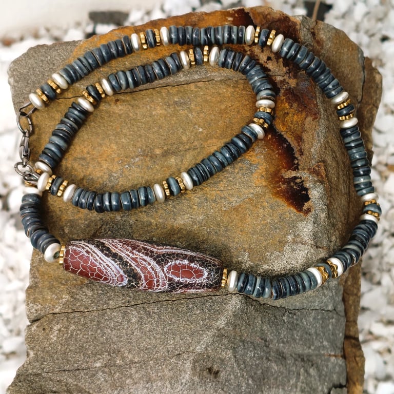 Mens Dark Grey Shell Necklace With Metallic Hematite And Large Banded Agate Bead