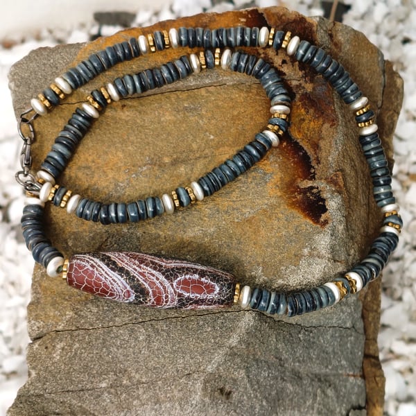 Mens Dark Grey Shell Necklace With Metallic Hematite And Large Banded Agate Bead