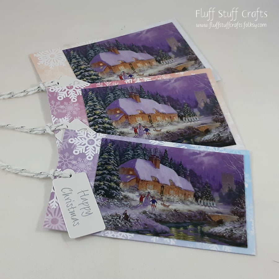 Pack of 3 handmade Christmas gift tags - snowy cottage