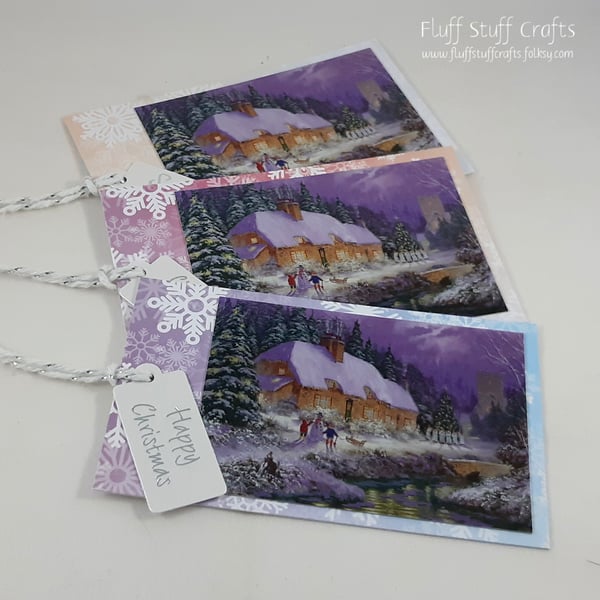 Pack of 3 handmade Christmas gift tags - snowy cottage