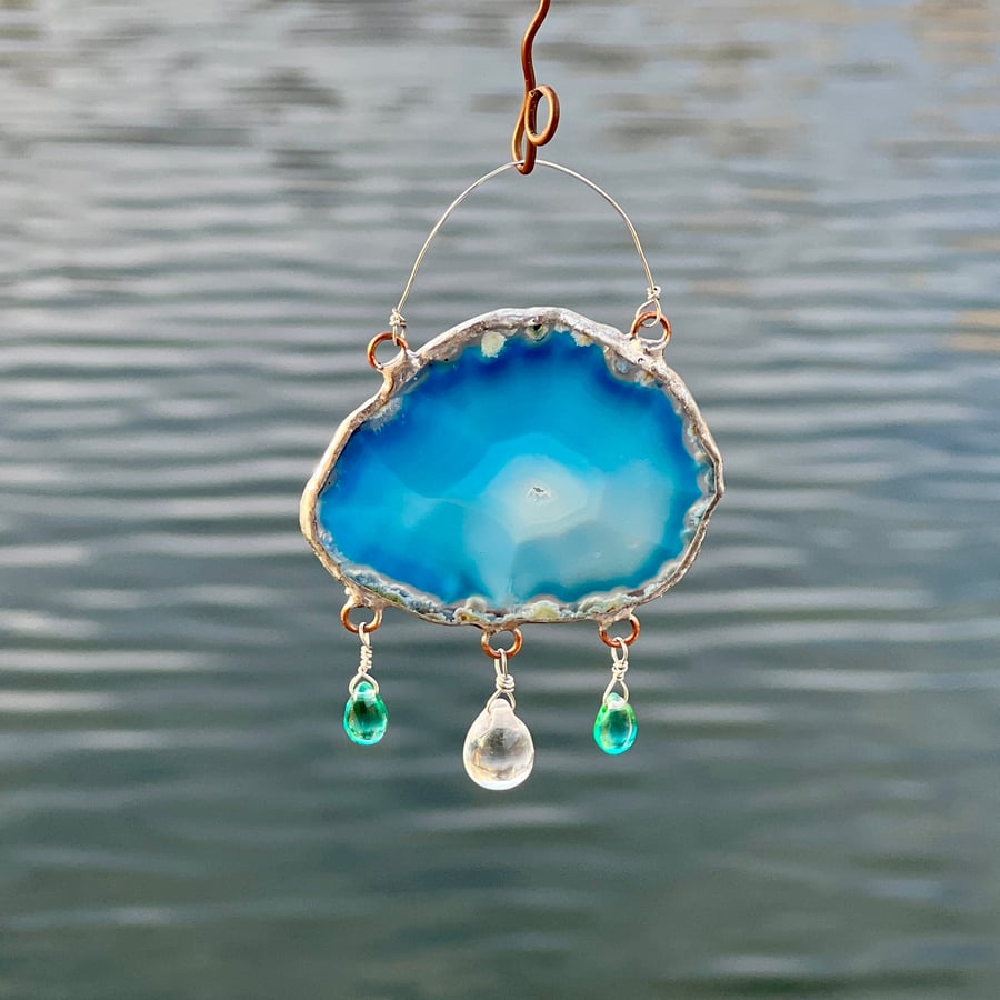 Agate Suncatcher Cloud with Vintage Glass Bead Droplets: Turquoise Pool