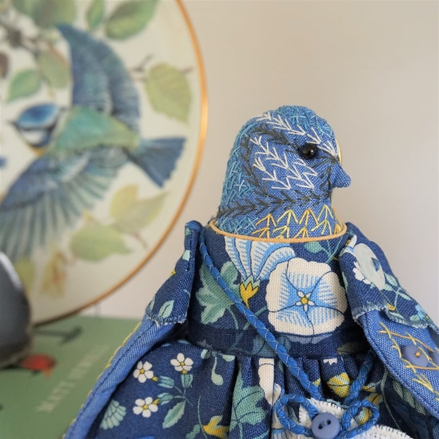 Avis, A  Tiny Hand Embroidered Blue Tit Folk Art Doll